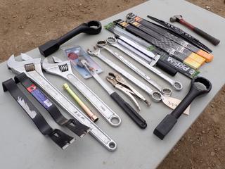 Qty Of Assorted Wrenches, Pry Bar, Hammer And Assorted Hand Tools