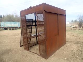 8ft X 6ft X 8ft Bottle Storage Shed C/w Shelves And Hanging Hooks *Note: Dents On Side, Door And Door Frame Requires Repair, Buyer Responsible For Loadout*