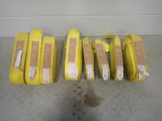 Qty Of (3) 8ft X 3in, (1) 12ft X 2in, (1) 8ft X 2in, (1) 10ft X 3in, (1) 10ft X 2in And (1) 6ft X 2in Lifting Slings