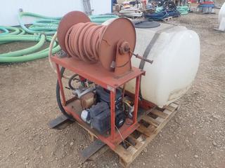 44in X 34in X 3ft High Pressure Water System Pump C/w Skid Mtd. Water Tank, Hose, Reel And Briggs & Stratton Engine Pump *Note: Pump Siezed*