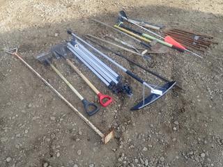 Qty Of Shovels, Pins, Sledge Hammer, Root Buster Rakes, Pry Bar And Assorted Hand Tools