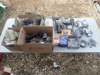 Qty Of Assorted Starters, Truck Parts, Shocks, Belts, Casters, Bolts, Cable, Pump, Compressor Parts, Fuel Pump And Assorted Supplies