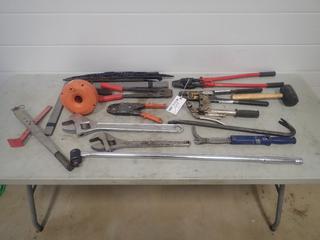 Qty Of Crimpers, Rubber Mallet, 18in And 24in Adjustable Wrenches, Wipers, Squares, Nail Puller And Assorted Hand Tools