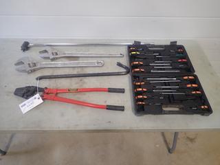 (2) 24in Adjustable Wrenches, Incomplete Screwdriver Set, 24in Crimpers And 3/4in Breaker Bar