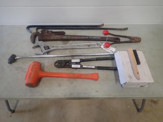 Ridgid 36in Pipe Wrench, (1) 24in Adjustable Wrench, (2) Pry bars, (1) Rubber Mallet, Breaker Bar And Wire Brushes