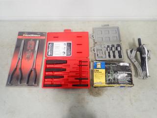 Incomplete Set Screw Extractor Set, Powerfist 3-Jaw Bearing Puller, Snap Ring Pliers , 6in Bearing Pullers And Assorted Supplies