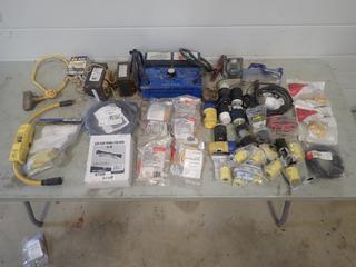 Qty Of Female Plugins, Nema Locking Plugs, Trailer Connector, LED Light And Assorted Supplies