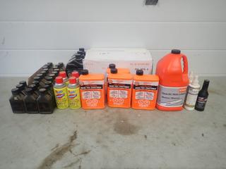 Qty Of Kleen Flo Diesel Fuel Conditioner C/w Gunk Instant Starting Fluid, BE Pressure Washer Pump Oil, STIHL Chain Oil, Lens Cleaner And Tecumseh 2-Cycle Synthetic Blend Engine Oil w/ Fuel Stabilizer