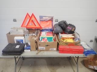 Qty Of Assorted Sign Stickers C/w Qty Of Powerweld Beanies, Sign Holders, Welding Helmets, Flare Kits, Assorted Tags Size 2XL Rain Gear And Assorted Supplies