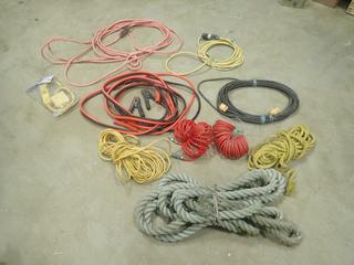 Qty of (4) Heavy Duty Extension Cords C/w (2) Air Lines, Booster Cables And Specialty Electrical Cords And Plugin**