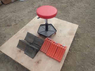 Portable Shop Stool C/w Qty Of Wheel Chocks