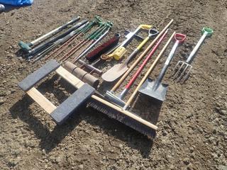 Qty Of Assorted Threaded Rod, Broom, Shovels, Hand Roller, Sledge Hammer, Pry Bar And Assorted Supplies