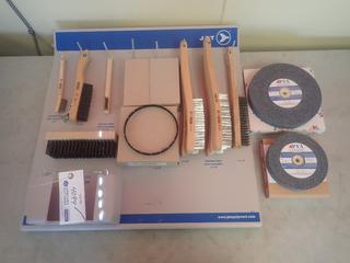 Qty Of Wire Brushes C/w PTA Canada 6in And 8in Stone Wheels, Storage Rack And Concrete Surface Brushes