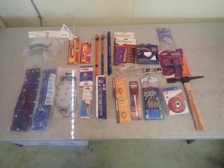 Qty Of Knife Blades, Drill Bits, 3in Crimped Cup Brush, 9in Metal Blades, Strikers, Hex Adapters And Assorted Supplies