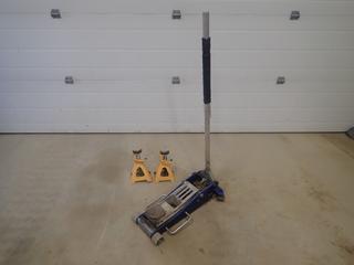 Powerfist 3-Ton Low Profile Floor Jack C/w (2) Powerfist 2-Ton Jack Stands *Note: (1) Jack Stand Bent*