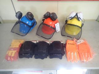 Qty Of (3) Chainsaw Hard Hats C/w (1) Pair Of Polar Guard Size XL Vibration Reducing Gloves, Size Large Chainsaw Gloves And (3) Sets Of Knee Pads