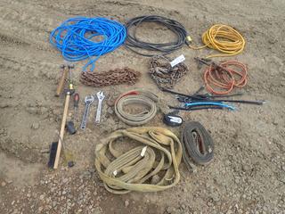 Qty Of Heavy Duty Extension Cords C/w Assorted Chains, Lifting Slings, Booster Cables, (2) Adjustable Wrenches And Bungee Cords