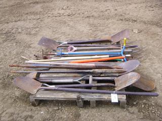 Qty of Hand Tools Including Spade Shovels, Square Edge Shovels, Hand Tillers, Pitch Fork and Hoe