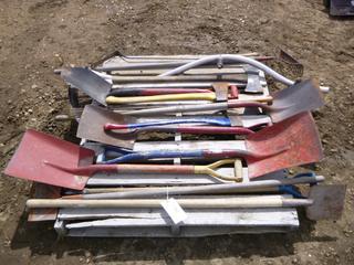 Qty of hand Tools Including Square Edge Shovels, Axes, Rack, Sythe, Ice Chipper