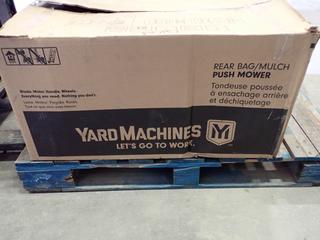 Unused Yard Machines 21 In. Rear Bag / Mulch Push Mower, Model 11A-A1SD516, 140cc, Power More OHV 4 Stroke Gas Motor, Manual And Oil (N-3-3)