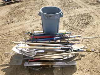 Qty of Hand Tools w/ Bin Including Rakes, Shovels, Pry Bars, Pick Axe, Stake Pullers