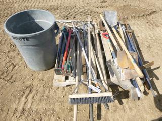 Qty of Hand Tools w/ Bin Including Rakes, Shovels, Pry Bars, Pick Axe, Stake Pullers