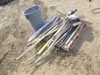 Qty of Hand Tools w/ Bin Including Rakes, Shovels, Pry Bars, Pick Axe, Stake Pullers