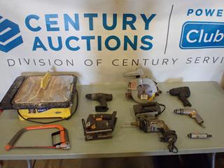 Qty of Tools Including QEP 650 XT Tile Saw, Porter Cable 4634 Drywall Driver, Black and Decker 7543 Jigsaw, Black and Decker 7301 7 1/4 In. Circular Saw (Missing Prong For Plug In), HDX 12 In. Handsaw, Battery Powered Jigsaw, Ryobi 7.2V Battery Powered Drill, Pneumatic Drill, 1/2 In. Pneumatic Wrench, Pneumatic Die Grinder (D1)