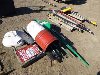 Barrel of Assorted Shovels, Broom, Rakes, Hockey Sticks, Weed Puller