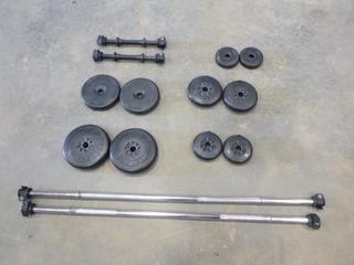 Qty of Free Weights, (2) 10 Lbs, (2) 5 Lbs,  (2) 2 1/2 Lbs, (2) 2.5 KG, (2) 1 KG, (2) Barbell Handles, (2) Bench Bar Handles