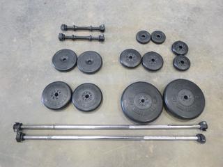 Qty of Free Weights, (2) 25 Lbs,  (2) 10 Lbs, (2) 5 Lbs,  (2) 2 1/2 Lbs, (2) 2.5 KG, (2) 1 KG, (2) Barbell Handles, (2) Bench Bar Handles