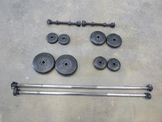 Qty of Free Weights, (2) 10 Lbs, (2) 5 Lbs,  (2) 2 1/2 Lbs, (2) 1 KG, (2) Barbell Handles, (2) Bench Bar Handles