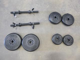 Qty of Free Weights, (2) 10 Lbs, (2) 5 Lbs,  (2) 2 1/2 Lbs, (2) Barbell Handles