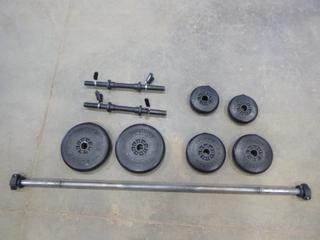 Qty of Free Weights, (2) 10 Lbs, (2) 5 Lbs,  (2) 2 1/2 Lbs, (2) Barbell Handles, (1) Bench Bar Handles