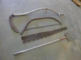 Scythe w/ Wood Hand C/w  Antique Buck Saw, Hay Fork and Antique Saw Blade (J-1-3)