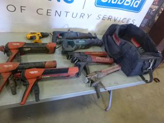 (3) Hilti MDM500 Manual Adhesive Dispensers, (3) Hilti MD 1000 Adhesive Dispensers, (1) Bosch Electric Reciprocating Saw, Makita Reciprocating Saw and DeWalt Drill *Note: Batteries Missing* (L-1-2)