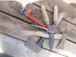 Qty of Misc. Hand Tools Includes (2) Axes, (1) Pipe Wrench, (1) Garden Shears (C-2)