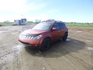 2005 Nissan Murano AWD SUV c/w 3.5L V6, A/T, A/C, Fully Loaded, Leather, 235/70R17 Tires at 80%, w/ Extra (4) Tires and Rims, Showing 174,453 Kms, VIN JN8AZ08W05W406548 *Note: Requires New Hood Struts* 
