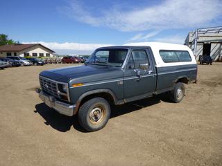 1986 Ford F-150 Single Cab 4X4 Pickup c/w 4.9L Inline 6, 5 Speed Manual, 235/75R15 Tires at 25%, Spare Tire, Canopy, VIN 2FTEF14Y7GCA85531 *Note: Major Rust*