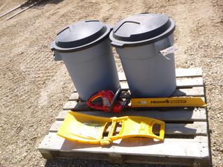 (2) Garbage Bins w/ Lids,  Homelite Hedge Sweep, Snow Flex Foldable Shovel