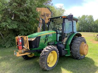 2018 John Deere 5100 MFWD Tractor c/w Diamond 60 In. Rotary Mower Mounted On Hyd Side Boom, Spring Loaded Saw Gate 8 in Capacity, Hyd Cooler, Joystick Control,  A/c Cab, Diff Lock, 3 Pt Hitch, PTO, 16.9-30,11.2-24, Showing 1051 Hrs  Hyd Outlets Warranty Until 2023 On Tractor, SN 1LV5100MK33402546 **Located Offsite Near Boyle, AB, For More Information Contact Tony 780-935-2619**