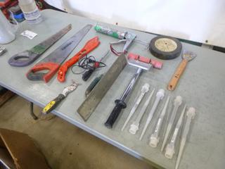 Assorted Parts, Hardware And Tools: Wheel, Hand Saws, Roller, Soldering Gun And More (C-2)