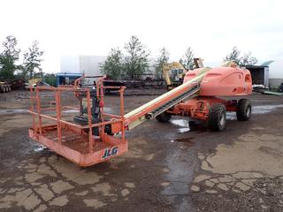 JLG 400S Man Lift c/w Deutz Diesel, Max Platform Height 40 Ft., Max Horizontal Reach 34 Ft., 12-16-5 Tires, Showing 3,165 Hrs, SN 0300101500 *Note: Damage to Engine Cover* **Located Offsite In Edmonton, For More Information Contact Richard 780-222-8309**