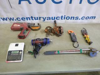 (1) Burndy Hydraulic Crimpers, (1) 6 In. 3 Ton Chain Hoist, (1) Swagelok Tube Bender, (1) Heat Gun, 1500 Watt (Heats Up, No Fan or Blower, Smokes When On), (1) Brother P-Touch Label Maker (No Plug In Cable), (1) Kyoritsu Digital Clamp Meter, (1) Cable Cutter (L-2-3)