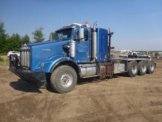 2007 Kenworth T800B Winch Tractor c/w Cummins 1SX-565 Diesel, 18 + 4 Eaton Fuller, Live PTO, A/C, Headache Rack, Storage Cabinet, Tire Chains, Webasto, 260 In. W/B, Triple Diff-Lock, 425/65R22.5 Front Tires at 40%, 11R24.5 Rear Tires at 95%, Front Axle Rating 18,000lb, Rear Axles Rating 58,000lb, Aluminum Buds, Sliding 5th Wheel, Lowboy Ramp w/ End Roll, Showing 773, 356 Kms, 22,495 Hrs, CVIP 06/2023, VIN 1NKDX4EX07R932570 *Note: Service Binder In Office*