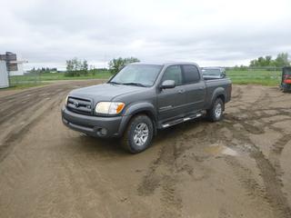 2005 Toyota Tundra Limited Crew Cab 4X4 Pickup c/w 4.7L V8, A/T, A/C, Leather, Power Sunroof, Reese Brakeman Compact, 265/70R17 Tires at 40%, 6 Ft. 2 In. Box, Showing 471,949 Kms, VIN 5TBDT48155S474875 *Note: Engine Light On, Damage to Rear Passenger Side Box, Minor Rust*