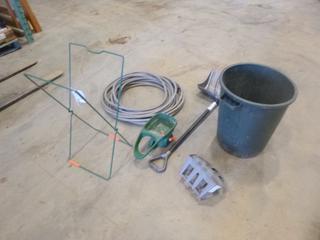 Qty of Garden Supplies Including Hose, Reel, Seed Spreader, Snow Shovel, Garbage Can (S-1-2)