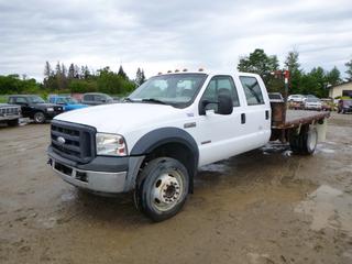 2007 Ford F-550 XL Super Duty Crew Cab Flat Deck c/w Power Stroke V8 Diesel, A/T, Hidden 5th Wheel Hitch, 225/70R19.5 Tires, Dually, 10 Ft. 8 In. x 8 Ft. 2 In. Deck, Showing 205,818 Kms, VIN 1FDAW56PX7EB37802 *Note: Damage to Passenger Front Door*