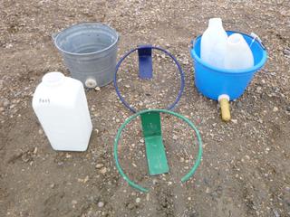 Feeding Buckets, Bucket Holders and Feeding Bottles C/w Extra Nipples 