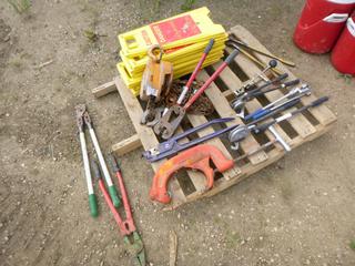 Qty of Misc Including Pipe Benders, Pipe Cutters, Misc Hand Tools, Qty of Danger Signs, 1 1/2 Ton Come-A-Long